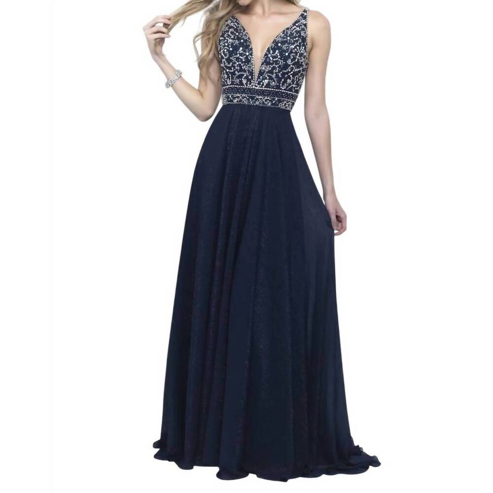 NEW BLUSH PROM metallic chiffon deep v-neck evening dress in navy